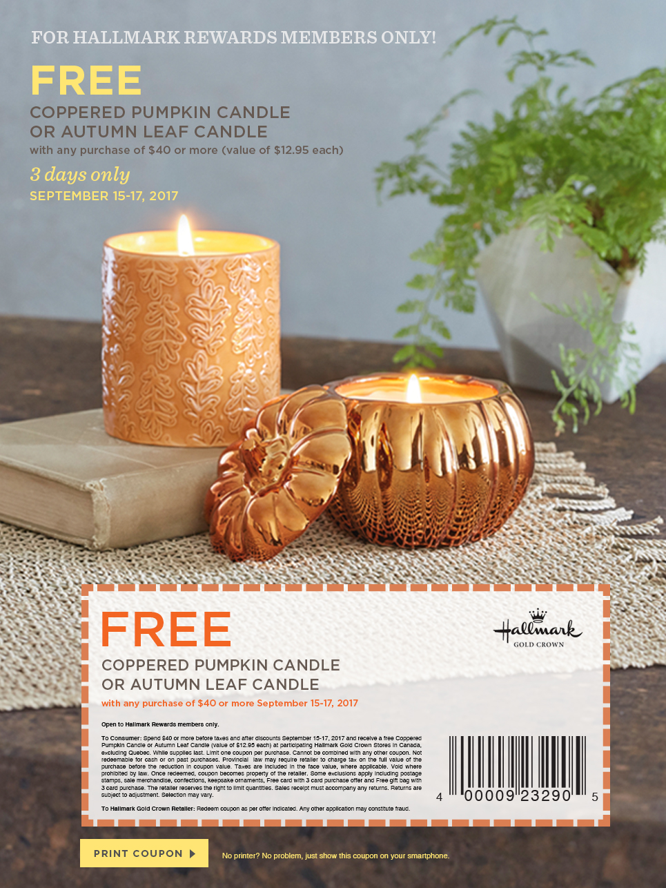 FREE Coppered Pumpkin Candle or Autumn Leaf Candle