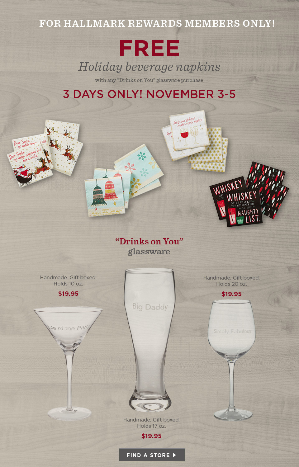 FREE Holiday beverage napkins - with any 'Drinks on You' glassware purchase