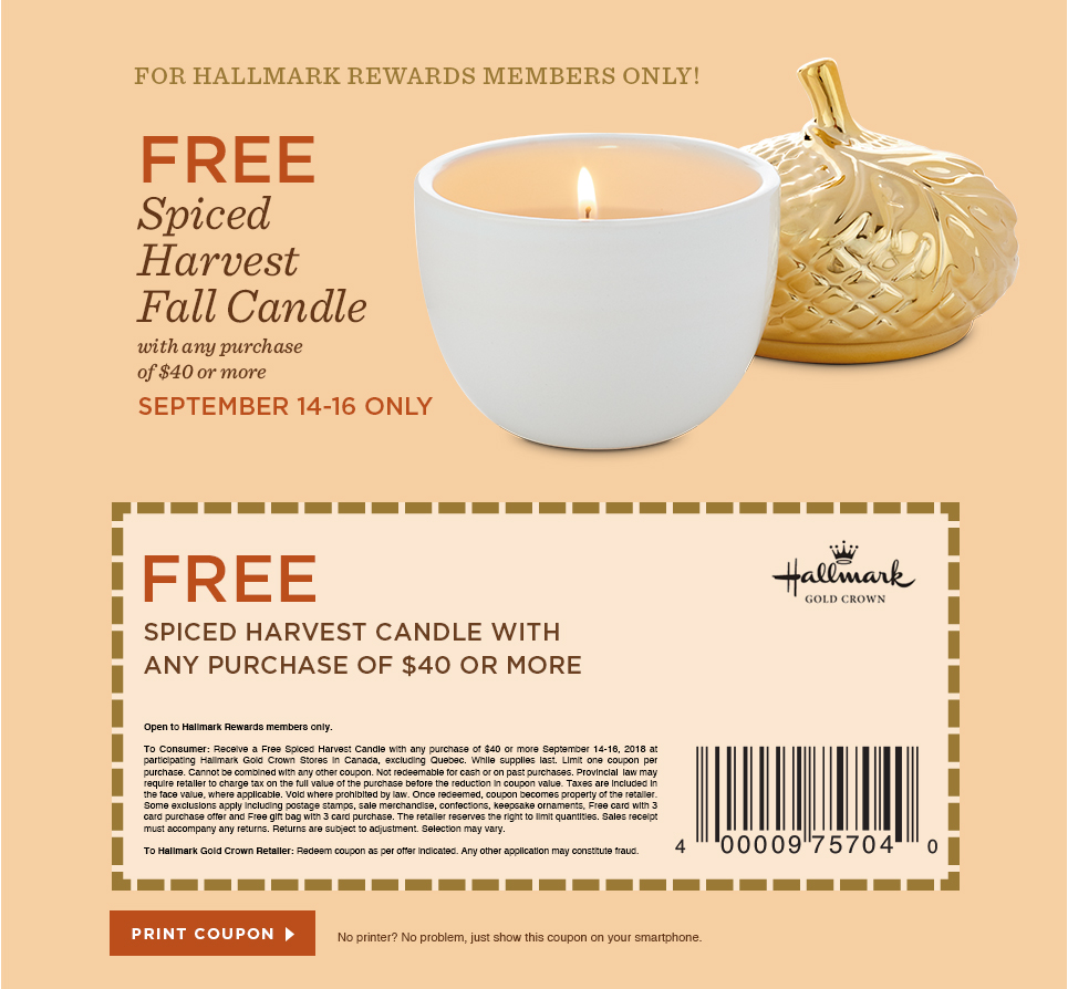 Free Spiced Harvest Fall Candle with any purchase of or more. September 14-16 only
