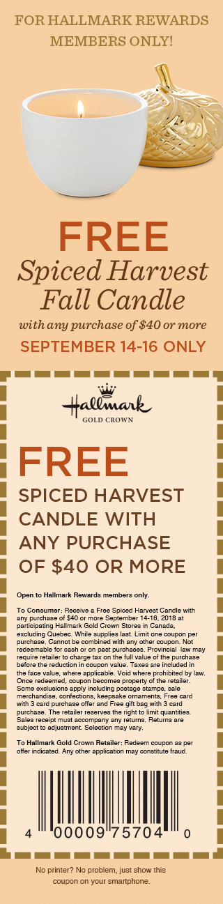 Free Spiced Harvest Fall Candle with any purchase of or more. September 14-16 only