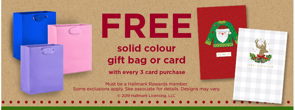 Free Card or solid colour gift bag with the purchase of 3 cards