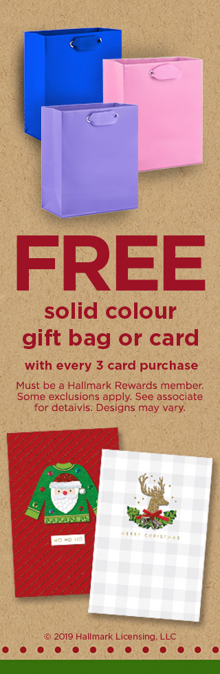 Free Card or solid colour gift bag with the purchase of 3 cards